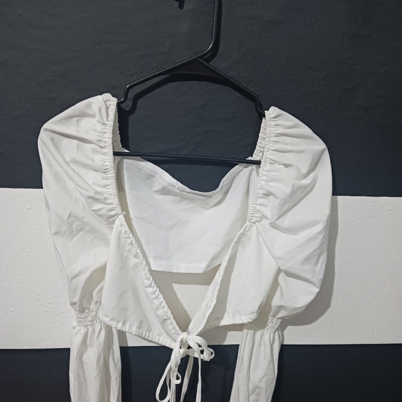 Women sexy white tie puffer elastic long sleeve top - Picture 4 of 16